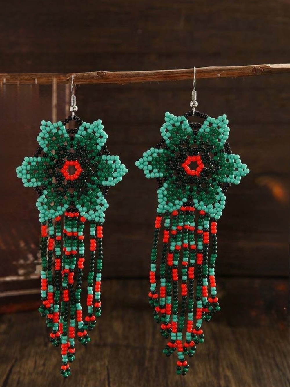 Handmade Green and Red Beaded Floral Fringe Earrings